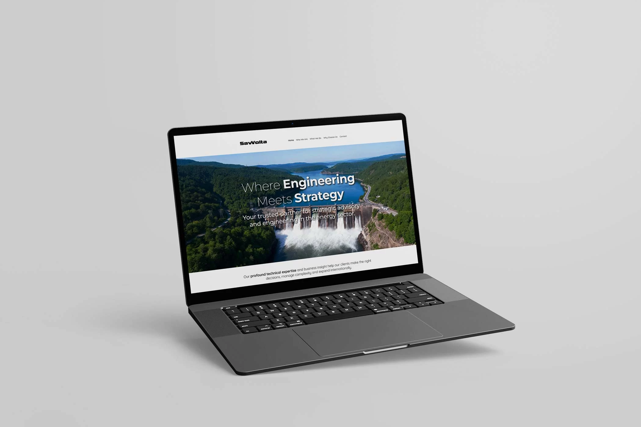 Laptop mockup showing the homepage of the Savvolta one-page website, featuring the hero section with a dam visual and main brand message.