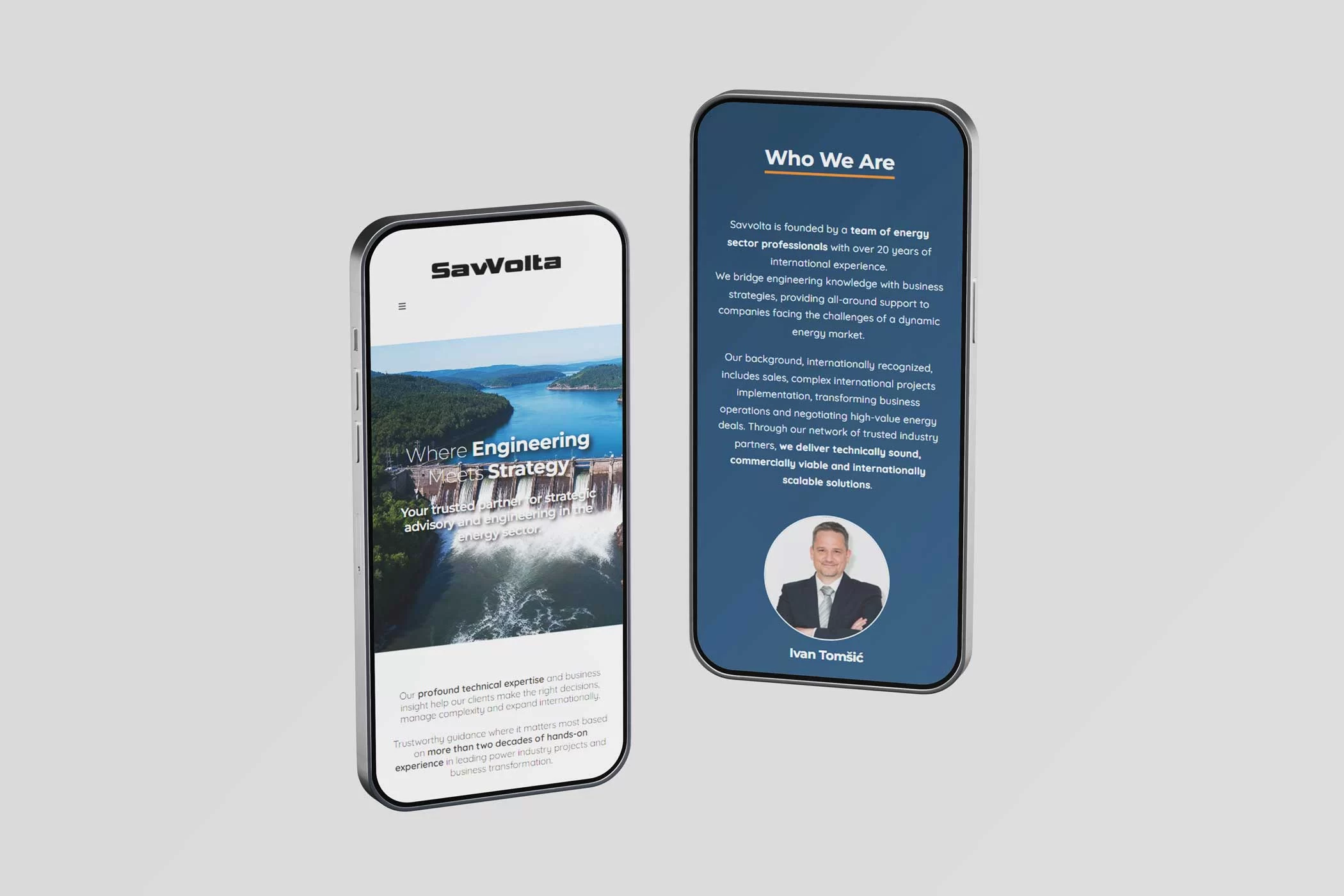 Tablet mockup showing the Savvolta one-page website with the homepage and Who We Are section in a responsive layout.